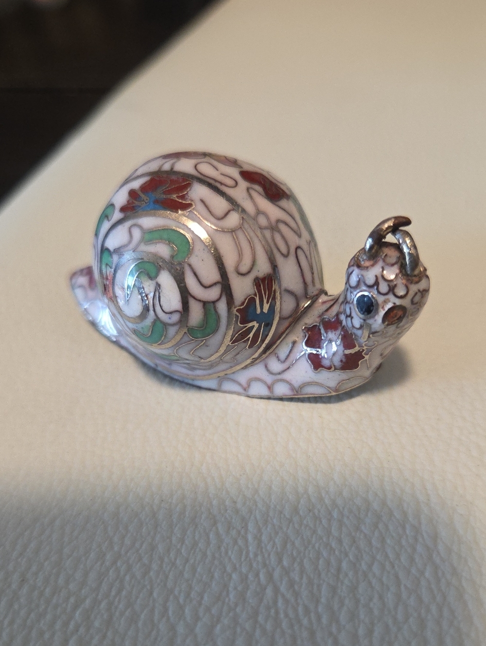 Decorative Cloisonné Snail Figurine - White, Green, Red Accents